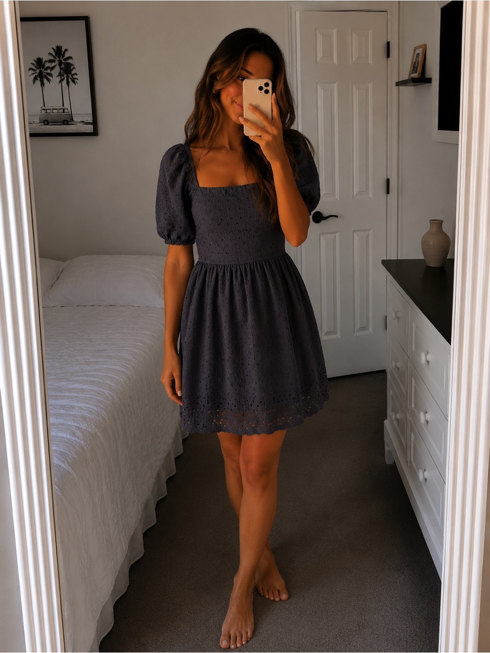 A new day Square Neck Puff Sleeve Eyelet Mini Dress black XS